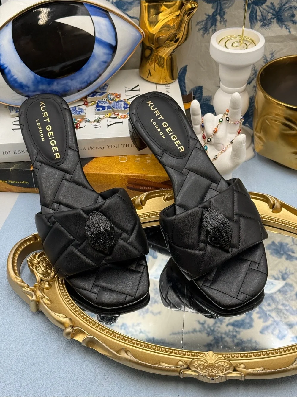 🆕 KURT GEIGER LONDON 🧿 NWOB Black Kensington Quilted Block Heel Sandal, Sz37 7